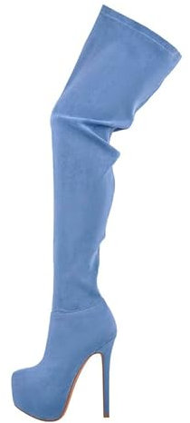 blingqueen Damen Stretch Overknee Plateau Stiletto Stiefel Boots Reißverschluss High Heels Faux Suede Jeansblau 46 EU