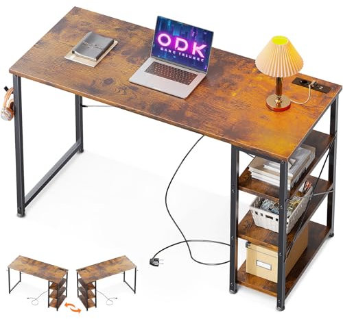 ODK Schreibtisch, 120x40x75cm Computertisch mit 3 Steckdose und USB Ladeanschluss, PC Tisch mit Umkehrbarem Regal Tisch Klein fürs Büro, Wohnzimmer, Braun
