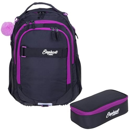 Elephant 2 Teile Set Rucksack Signature Hero Schulrucksack 12723 + Mäppchen Box (Tiff Lila Black 13015)