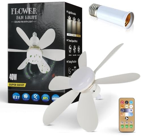 Roadtime Ventilatore da soffitto con luce, ventilatore da soffitto a base E27 dimmerabile con telecomando, 3 temperature colore, 3 velocità, 4H temporizzazione, per casa soggiorno (40W)