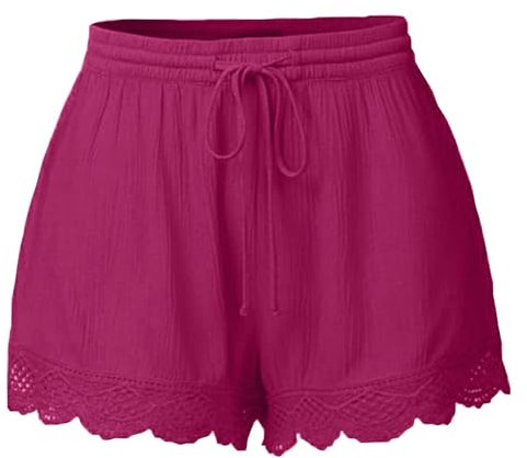 Short Femme Ete Couleur Unie Bordure En Dentelle Shorts Et Bermudas Avec Poches Et Cordon De Serrage Pantalon Court Elastique Confortable Et Respirant ExtéRieur DéContractéE