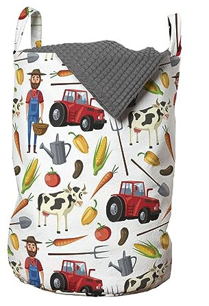 ABAKUHAUS Bauernhof Wäschesack 2er Pack, Gärtner Landwirtschaft Traktor, Wäschekorb mit Griffen und Kordelzugverschluss, Zweierpack 33cm x 50cm, Weiß Mehrfarbig