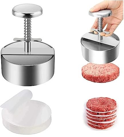 Burger Patty Maker Press with Hamburger Patty Paper - Adjustable Manual Meat Press, Non Stick Stainless Steel Slider - With 100pcs Hamburger Patty Paper
