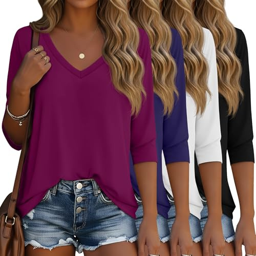 Ficerd Paquete de 4 Camisetas de Manga 3/4 con Cuello en V para Mujer, Estilo túnica Informal, de algodón básicas y a la Moda