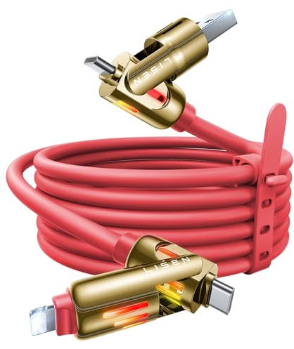 LISEN Cable USB C de 240 W, cable de carga 4 en 1 (6.6 pies) con luz, cable de carga múltiple USB A/C a C/L para iPhone 16 15 14 Pro Max/MacBook/iPad Pro/SamSungS24, rojo