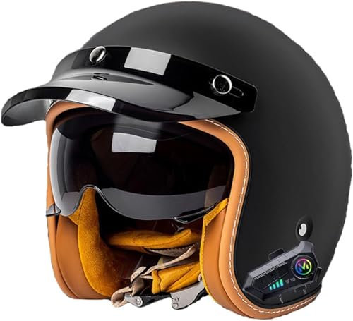 Vintage Bluetooth Motorcycle Half Helmet Open Face Helmet with Sun Visor 3/4 Half Face Motorbike Crash Helmet DOT/ECE Approved Scooter Cruiser Helmet for Adults Men and Women 2,M=57-58CM