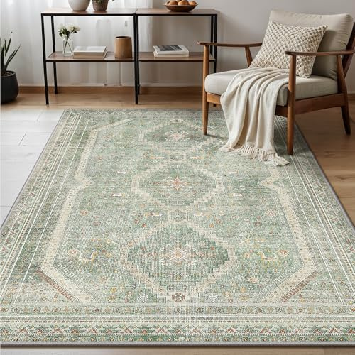 GENIMO Tapis de Couloir Vintage Lavable 120x170cm Vert | Surface facile à entretenir, adapté pour salon, chambre, cuisine, entrée, style décoratif pensé pour un usage quotidien