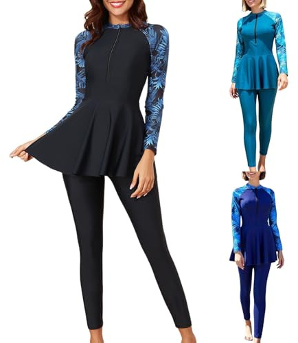 Modaworld Muslimische Burkini Bademode für Frauen Zweiteilige Bescheidener Badeanzug Islamischer Arabischer Schwimmanzug Langarm Badeoberteil Kleid mit Hose Tankini Set Badebekleidung