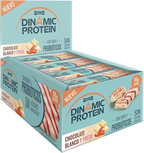 Dinamic Protein- Barritas de Proteína- Chocolate Blanco y Fresa- 16g de Proteína- Con Probióticos y Fibra - Caja de 12 Unidades- Sin Gluten