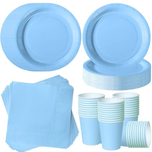 120 Pièces Bleu Clair vaisselle jetable anniversaire pour 40 Invités | 18cm assiette jetable, gobelets carton, serviettes, baby shower garçon, fête de piscine, célébration estivale.
