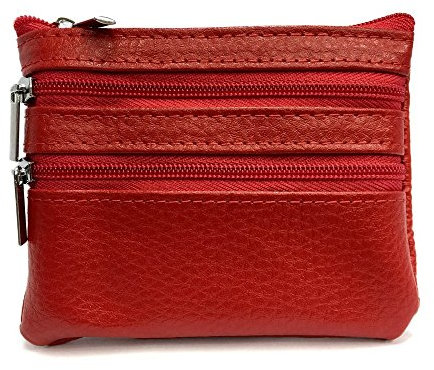 LOLUNA® Porte-Monnaie Format carré Compact Plat 3 Zip - Clé - Carte crédit - Billet- en Cuir résistant Souple pour Homme et Femme Plusieurs Couleur - Rouge