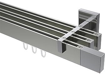 INTERDECO Innenlauf-Gardinenstange eckig 14 x 35 mm 3-läufig, kantige Innenlaufstange aus Metall, Edelstahl-Optik mit Chrom, zur Wandmontage, Typ 10212923, 100 cm