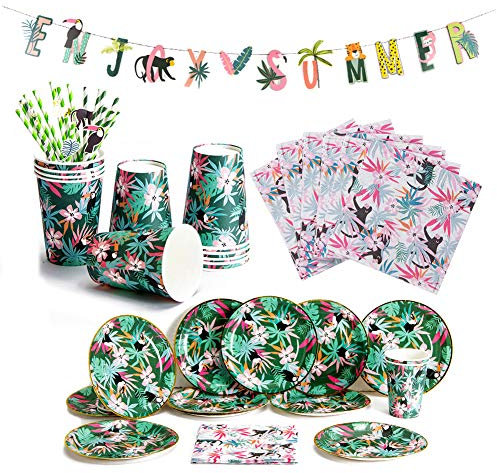 EASY JOY Jungle Party Decorations Kit Anniversaire Animaux Tropical Deco Enjoy Summer Banner + Tasse + Paille + Serviette + Assiette Papier Jungle - 69pcs