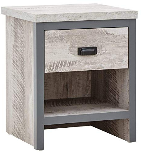 GFW Boston Grey Wood Effect Lamp Table, 1 Drawer Side Table with Storage, Industrial End Table with Chunky 30mm Top