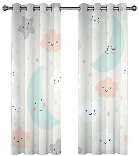 PANDAWDD Vorhang Kinderzimmer Ösenschal - 2Er Set H 250 X B 280 cm Verdunklungsvorhänge Mit Sterne, Mond, Wolken Kinderzimmer Schlafzimmer Dekoschals Gardinen Blickdicht Ösenvorhang