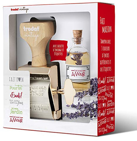 Trodat Vintage Stempel Fait Maison – 6 Formeln und ein Stempelkissen in 3 verschiedenen Farben – wunderschöne Holzfassung
