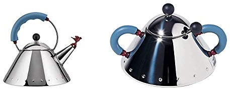 Alessi 9093 Bollitore con Manico e Fischietto a Uccellino di Design in Acciaio Inox & 9097 Zuccheriera con Cucchiaino in Acciaio Inossidabile 18/10 Lucido, Manici in PA, Azzurro e Pomolo in PA