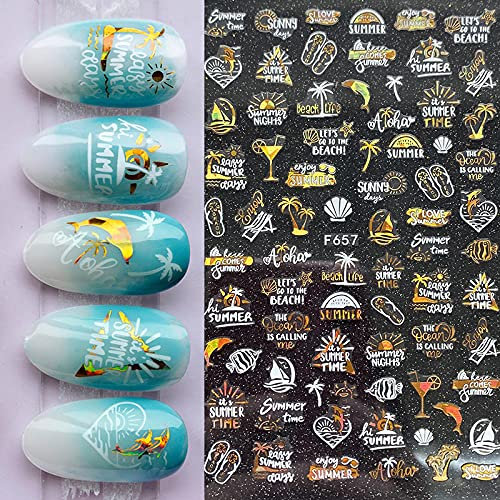MWBLN Nail stickers,1Pc Spring Summer Tropical Beach 3D Nail Sticker, Holographics Geometric Leaves Nail Transfer Decals Slider Decoration Manicures. 10