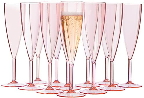US Acrylic Plastic 5 ounce One Piece Champagne Flute in Rose | Set of 12 Wine Stems | Reusable, BPA-free, Made in the USA, Top-rack Dishwasher Safe