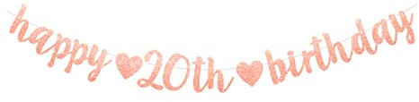 BNG-BNG 20th Birthday Decoration for Girls - Rose Gold Glittery Happy Banner Bunting for Women Age Twenty - Photo Backdrop Party Supplies