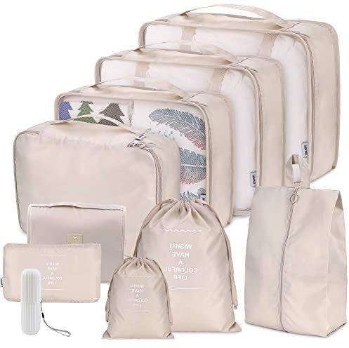 Toifucos 10pcs/set Packing Cubes for Suitcase - Waterproof Travel Compression Bags (Beige)