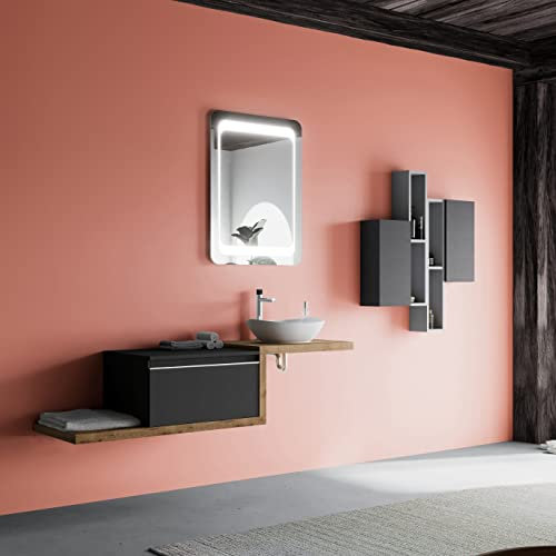 KIAMAMI VALENTINA - 160cm Badezimmermöbel in Holzoptik Eiche, Waschbecken und 60x80cm Spiegel | Lagos