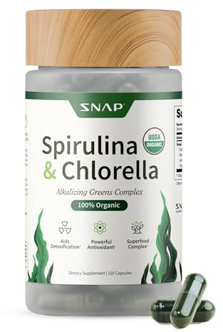 Snap Supplements Organic Spirulina and Chlorella - Protein Rich Blue Green Algae Superfood Supplement for Energy and Immune Support, 120 Vegetarian Capsules (30 Servings, 1 Month Supply)