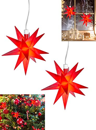 Stephans Möbelbörse 2x LED 3D Leuchtstern zum hängen - Ø12cm - Weihnachtsstern beleuchtet Fenster Deko Advent Stern - mit Batterie und Timer Rot
