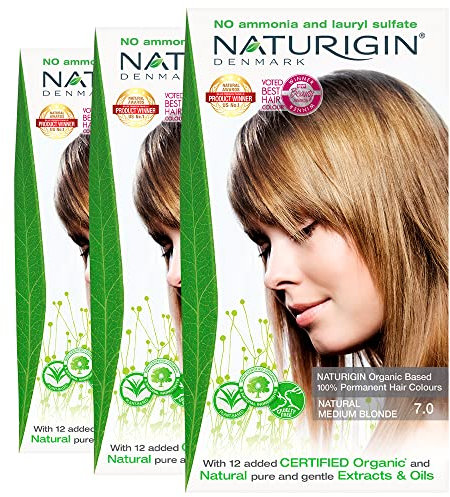 Naturigin Natural Medium Blonde Hair Dye 7.0-3-pack Permanent Hair Color 100% Grey Coverage - Certified Organic Ingredients, Deeply Nourishes the Hair - Ammonia Free, Vegan, Long Lasting Results
