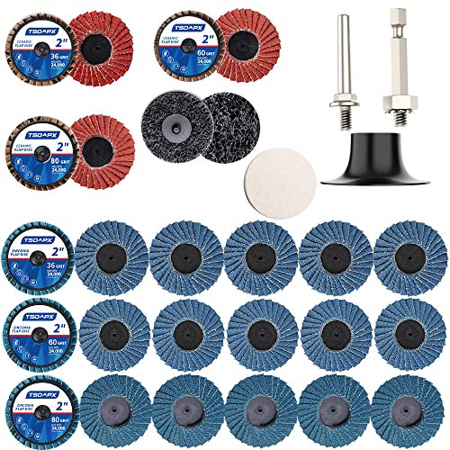 TSOAPX 28-teiliges Schleifscheiben-Set, 5.1 cm, Fächerscheiben mit 0.6 cm Halter für Roloc Schnellwechselscheiben für Schneideisen, Oberflächenvorbereitungsstreifen, Schleifen, Rost, Farbe entfernen