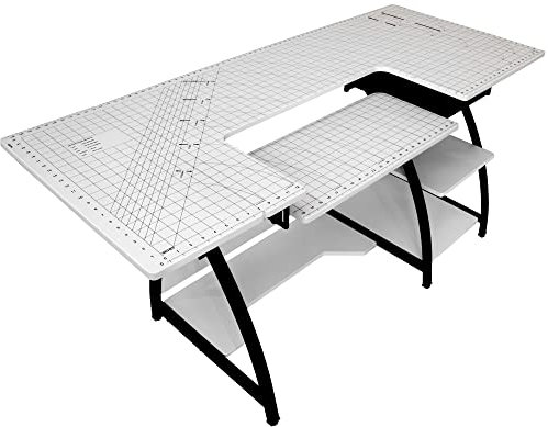 Sewing Online Large Sewing Table with Gridded White Top and Storage Shelves plus Black Drawer and Legs - Quilting Cutting Table with Adjustable Sewing Machine Platform and Drop Leaf Extension 13336
