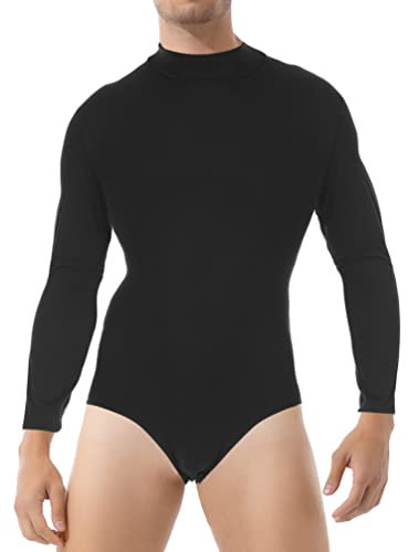 TiaoBug Herren Latein Body Langarm Oberteil Hemd mit Kragen Ballettanzug Stringbody Ballett Trikot V-Ausschnitt Gymnastik Leotard Glänzend Kostüm Schwarz E 3XL