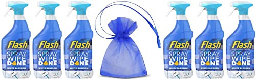 Flash Sparkling Bathroom, Antibacterial Spray Wipe Done, 800ml, White Blossom Scent 6Pk + Our Gift for You: Organza Bag Size: 9 x 7 x 0.1cm