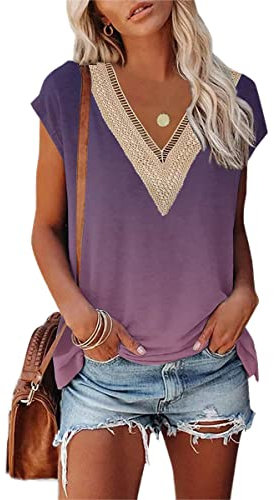 GRMLRPT Maglietta Donna Manica Corta Scollo V Camicia Elegante Cerimonia Moda Camicetta Blusa Moda Top Tee T-Shirt Tunica Casual Shirt(Viola,XL)