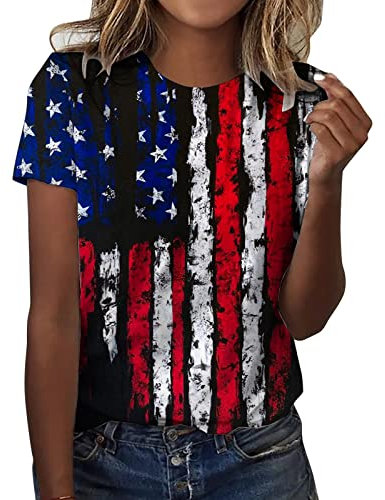 CGGMVCG Niedliche Oberteile für Frauen Damen Casual Amerika Flagge Druck O Ausschnitt Kurzarm Bluse Tops T-Shirt T-Shirt für Frauen, Z02 Blau, XL