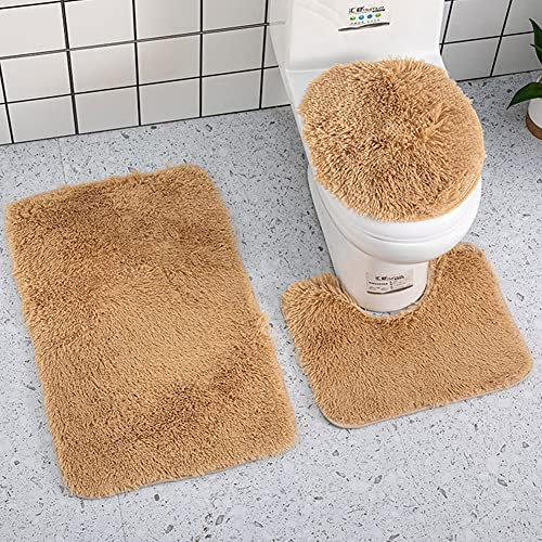 Reyox Badvorleger Set 3 Teilig, Weiche Hochflor Badematte rutschfest, Mikrofaser Flauschig Badteppich für Toilett WC Badezimmer Kamel 3 STK