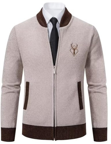 Shuanghao Uomo Cardigan Giacca Maglione Moda Felpa Elegante con Zip Foderato Pile Pesante Primaverile Autunno Invernale Outwear Cappottino Giacca Maglia Cardigan Uomo Beige XL (Cervo)