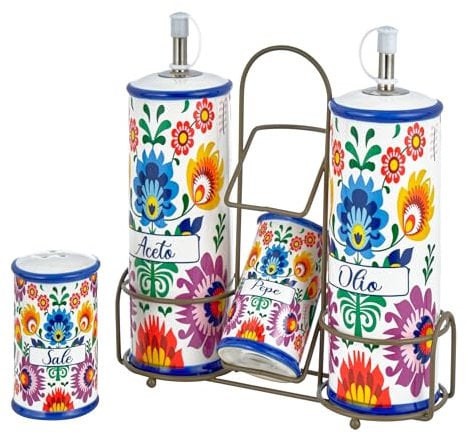 Baroni Home Ensemble de Table en Céramique pour Vinaigre Huile Poivre et Sel, Ménage de Cuisine, Set de Table Huile Sel Poivre et Vinaigre, Ligne Flora, 21x8x22 cm