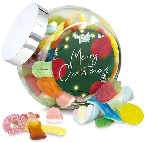 Merry Christmas Süßigkeiteng-Glas – weihnachtlicher Süßigkeiten-Mix in edlem Schräghalsglas mit Deckel als Geschenk-Idee an Weihnachten und Nikolaus