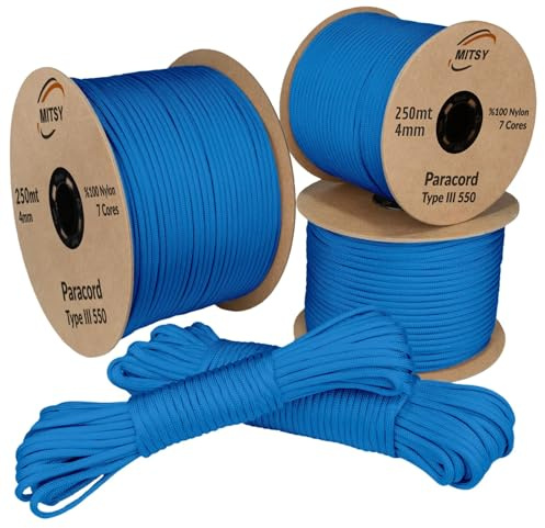 MITSY Paracord 550 Typ III Nylon Schnur 4 mm 250 Meter Blau | Fallschirmschnur, 7 Kern Seil, Reißfest & Wetterfest, Allzweckseil für Camping, Outdoor & Survival, 10m, 25m, 50m, 100m, 250m
