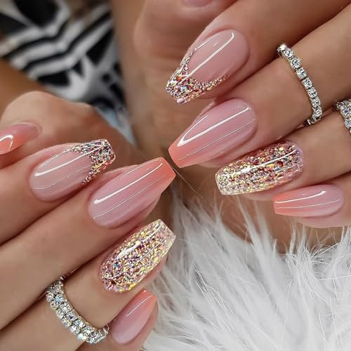 24PCS Français Faux Ongles Moyen Cercueil Ongles à Coller Orange Gradient Ballerine Press on Nails Naturel Couverture Complète Ongle Artificiels pour Femme et Fille DIY D'ongle Manucure Salon