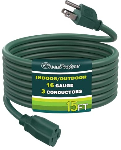 GreenProsper 15 Ft Indoor Outdoor Green Extension Cord, 16 Gauge Waterproof Electrical Power Cable, 16/3 SJTW 3 Prong Grounded Plug, 13A 1625W, UL Listed