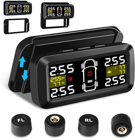 Vtopek Tyre Pressure Monitoring System with Detached Bracket Wireless Solar TPMS Tyre Pressure Monitor Installed on Windowshield with 4 External TPMS Sensors Real-Time Display for Car RV SUV MPV