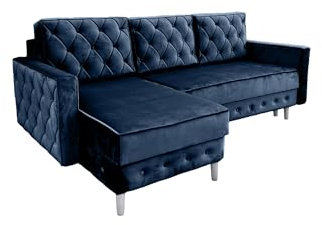 Ares Meble Ecksofa mit Schlaffunktion 227x144 cm - Ottomane Sofa L Form - L Couch 3 Sitzer - Schlafcouch mit Bettkasten - Samt Sofa Glamour - Chesterfield Sofas Ausziehbar - Weiße Beine - Dunkelblau