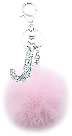 Xsclpomddy Pom Pom rosa. Schlüsselbund künstliche weiche Kaninchenhaar Taschenanhänger Ball Schlüsselanhänger mit Buchstabe A-Z für Handtasche Dekoration,pink J