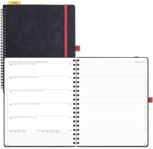 POPRUN Kalender 2025 Buchkalender A4 Notizbuch (Aug.2024-Dez.2025), ca. A4 (26,5 x 21,5 cm), Terminplaner, Wochenplaner 2025 Ringbuch mit Softcover, Zertifiziertem Papier - Schwarz