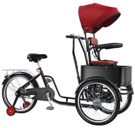 LSQXSS Mobilitätsroller-Dreirad, Tandem-Dreirad mit Vordersitz, Beifahrersitz mit abnehmbarem Verdeck und Geländer, Lastendreirad mit Vorderkabine, Tretdreirad mit Stützrädern für Erwachsene Kinder