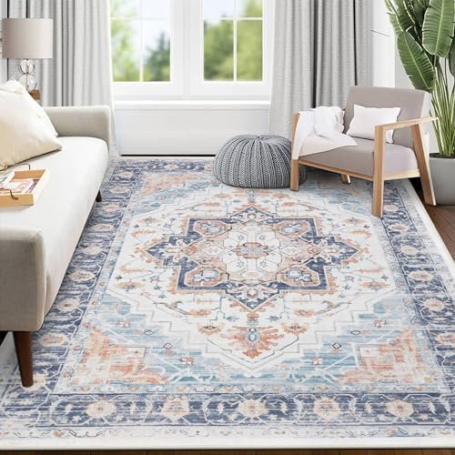 SHACOS Teppich, 120 x 170 cm, Wohnzimmerteppich, Rutschfester Teppich Waschbar, Teppich Schlafzimmer Vintage, Flachgewebe Teppich Wohnzimmer Kurzflor, Blau
