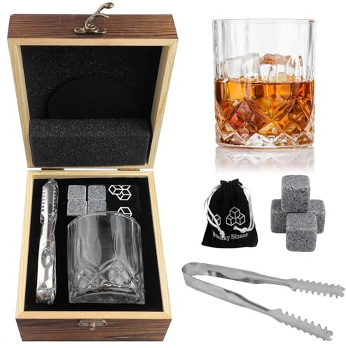 Ghazpmuk Ensemble de Verres à Whisky, Set de Verres à Whisky, Coffret Whisky Cadeau, Coffret Cadeau Homme avec 4 Pierres a Whisky, Verres à Whisky, sous-Verres, Sac en Velours, Pinces, pour Papa Mari