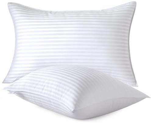 AmigoZone 2 Pack Hotel Quality Stripe Pillow - Bounce Back Pillow Cotton Blend With Virgin HollowFibre - Firm Support Anti Allergy Machine Washable - 48x74cm White Stripe - Pack of 2